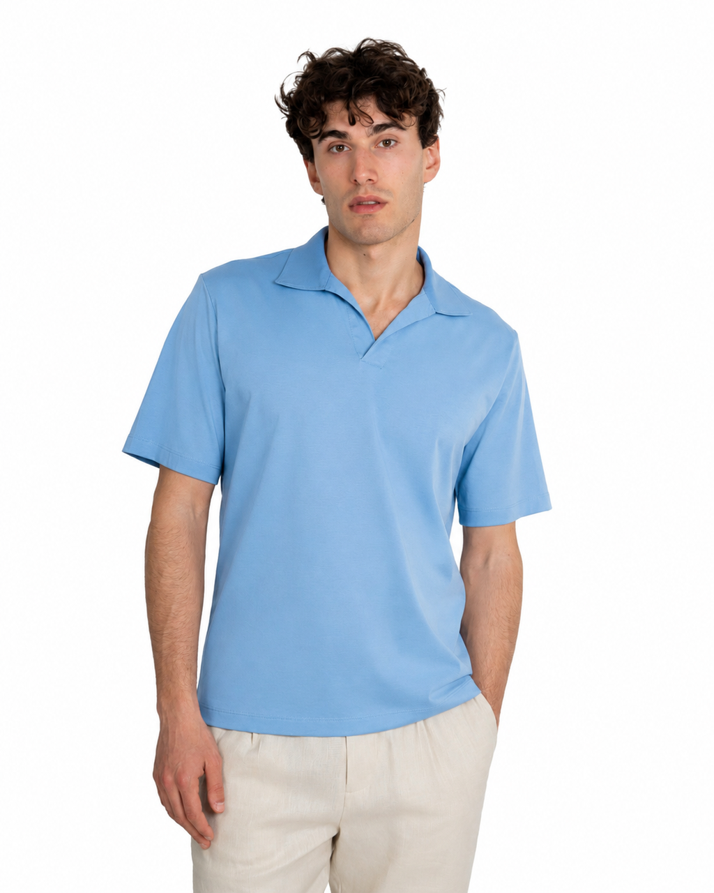 Polo Scollo V - Premium Mercerized Interlock Celeste